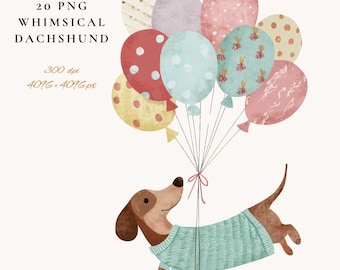 Watercolor Dachshund Clipart with Balloons & Sweater - Digital PNG Dog Art for Birthday Party Crafts