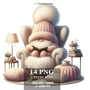 Watercolor Gnome Reading Book Clipart: 14 PNG Illustrations (Digital Download)