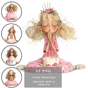 Clipart verjaardag prinses – schattig prinses feestmeisje, png – koninklijke verjaardagsillustraties voor kaarten, stickers en uitnodigingen – digitale download