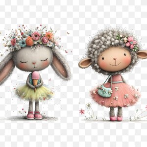 May include: Two adorable cartoon characters: a bunny wearing a floral crown and holding an ice cream cone, and a sheep in a pink dress with a purse. Both have rosy cheeks and are standing on a grassy area with flowers.