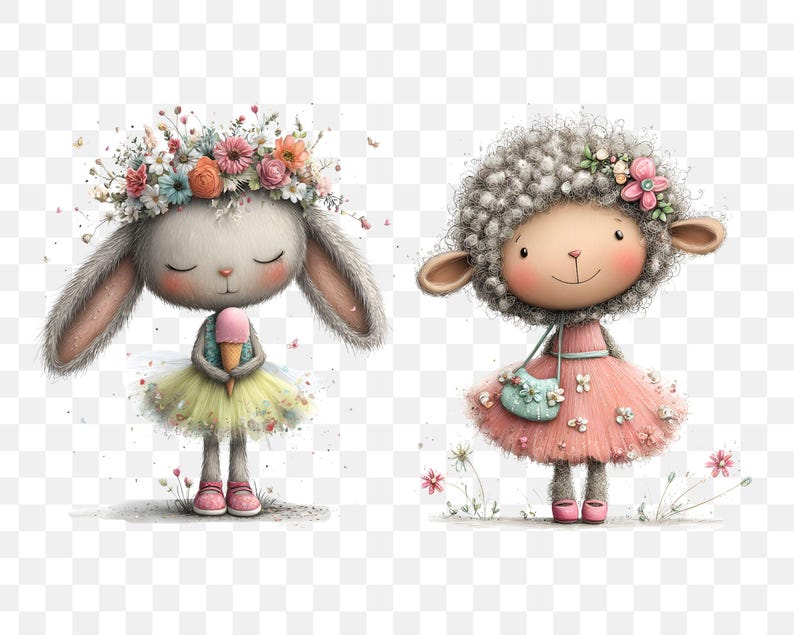 May include: Two adorable cartoon characters: a bunny wearing a floral crown and holding an ice cream cone, and a sheep in a pink dress with a purse. Both have rosy cheeks and are standing on a grassy area with flowers.