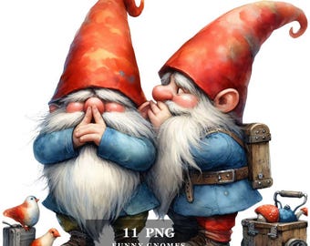 11 Funny Gnomes Clipart: Watercolor PNG Graphics (Digital Download)