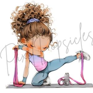 May include: A cartoon illustration of a girl with curly brown hair wearing a pink and purple tank top and blue trousers. She is holding a pink resistance band and has a water bottle on the floor next to her.