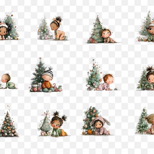 Puede incluir: Ilustraciones en acuarela de beb&eacute;s con &aacute;rboles de Navidad. Cada beb&eacute;, en pijama y gorro, se representa gateando. Los &aacute;rboles est&aacute;n decorados con adornos y luces, creando un ambiente festivo y navide&ntilde;o.