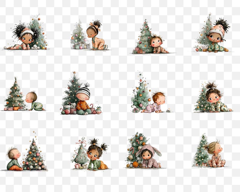 Puede incluir: Ilustraciones en acuarela de beb&eacute;s con &aacute;rboles de Navidad. Cada beb&eacute;, en pijama y gorro, se representa gateando. Los &aacute;rboles est&aacute;n decorados con adornos y luces, creando un ambiente festivo y navide&ntilde;o.