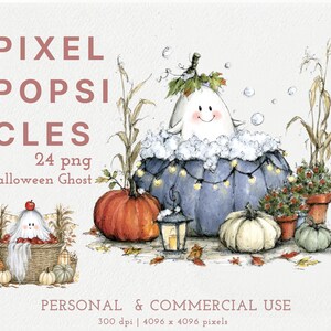Cute Halloween Ghost Clipart PNG, Watercolor Spooky Cute Graphics, Fall Pumpkins & Black Cat, Commercial Use Digital Scrapbooking