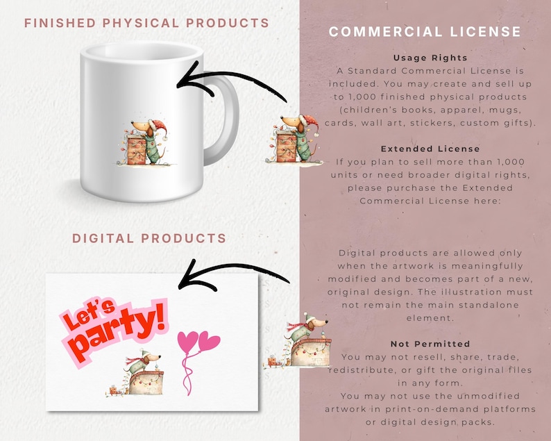 May include: A white ceramic mug featuring a dachshund wearing a red hat and green sweater, and a rectangular card with the text Let's party! in pink and red, accompanied by two pink heart-shaped balloons and a dachshund illustration.