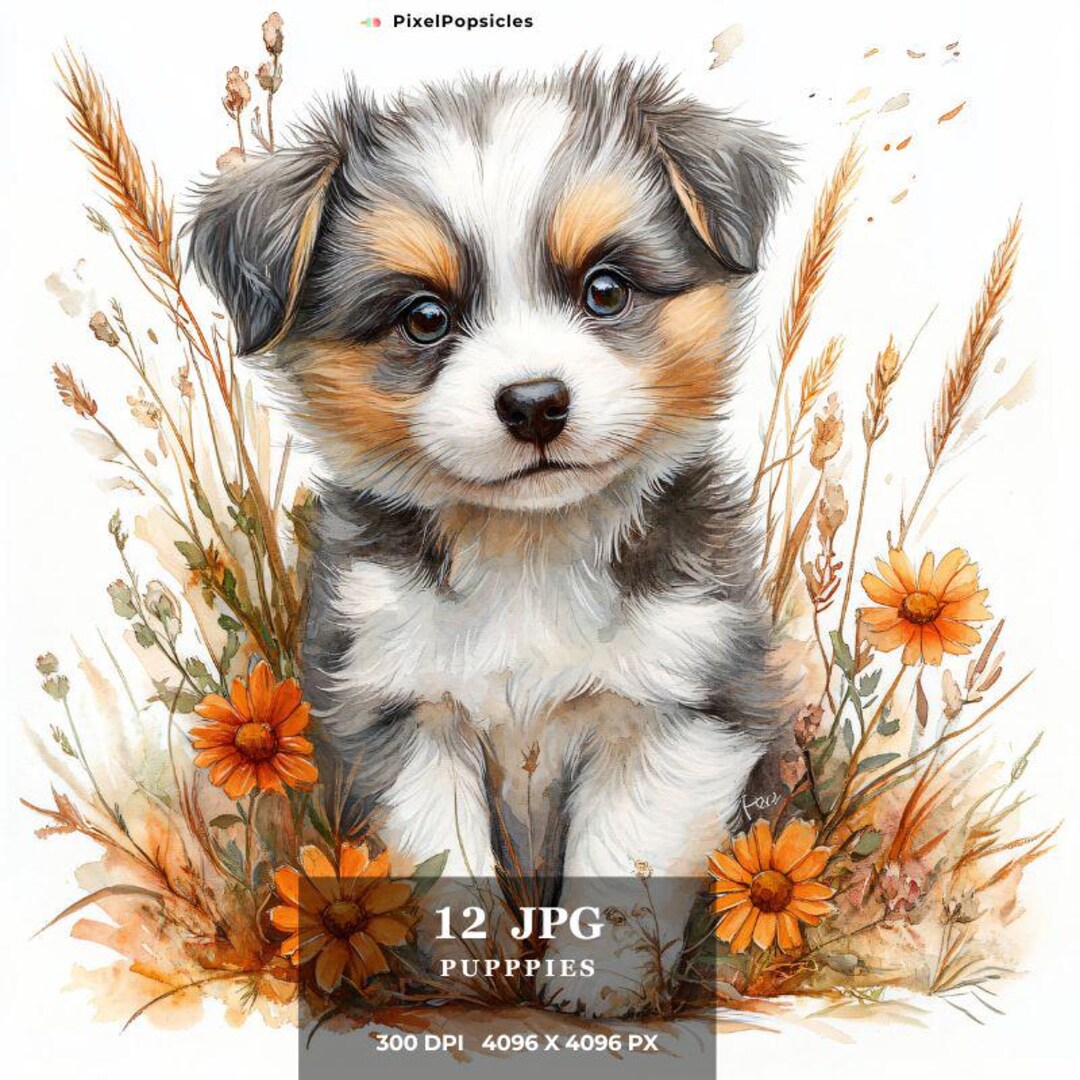 水彩画風の犬と花のクリップアート：花柄の子犬のイラスト（デジタル