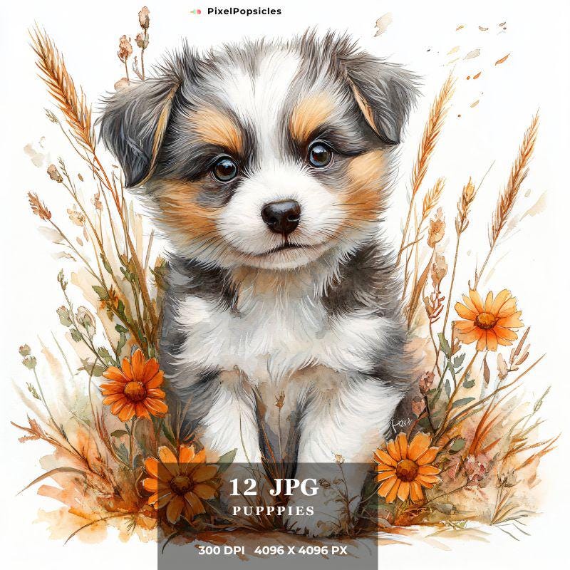 水彩画風の犬と花のクリップアート：花柄の子犬のイラスト（デジタル