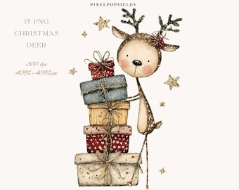 Whimsical Christmas Reindeer Clipart –  PNG Festive Deer Illustrations with Lights & Sweaters 1#