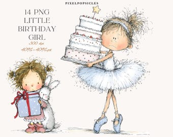 Puede incluir: Ilustración de una niña sosteniendo un gran pastel de cumpleaños y otra niña con un regalo y un conejo. El pastel tiene varias capas y una estrella. El texto dice "14 PNG LITTLE BIRTHDAY GIRL".