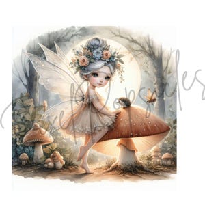 May include: A fairy with light blue wings and a flower crown sits on a large mushroom with a hedgehog and a butterfly nearby. The fairy is wearing a white dress with a light blue sash. The background is a forest scene with trees and leaves.