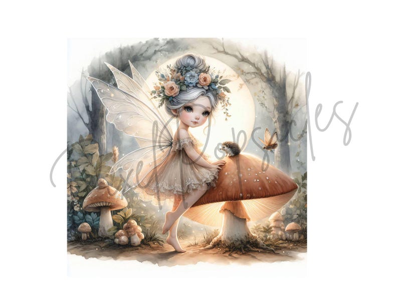 May include: A fairy with light blue wings and a flower crown sits on a large mushroom with a hedgehog and a butterfly nearby. The fairy is wearing a white dress with a light blue sash. The background is a forest scene with trees and leaves.