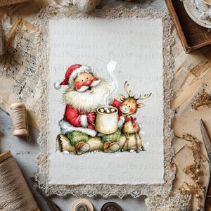 K&ouml;nnte beinhalten: Eine Aquarellillustration zeigt den Weihnachtsmann und ein Rentier, die sich eine Tasse hei&szlig;e Schokolade teilen. Der Weihnachtsmann, in rotem Anzug und Hut, sitzt mit dem Rentier, beide l&auml;cheln. Das Bild hat eine Vintage-Atmosph&auml;re.