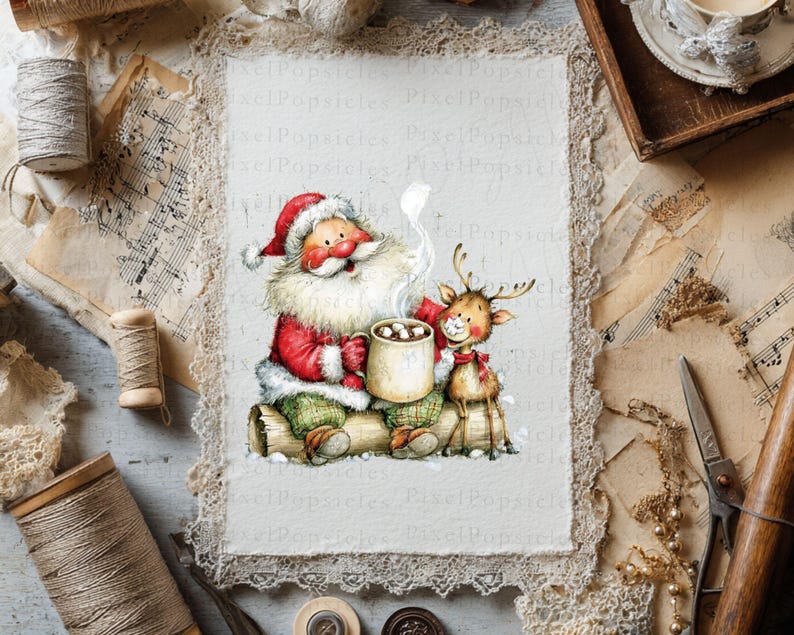 K&ouml;nnte beinhalten: Eine Aquarellillustration zeigt den Weihnachtsmann und ein Rentier, die sich eine Tasse hei&szlig;e Schokolade teilen. Der Weihnachtsmann, in rotem Anzug und Hut, sitzt mit dem Rentier, beide l&auml;cheln. Das Bild hat eine Vintage-Atmosph&auml;re.