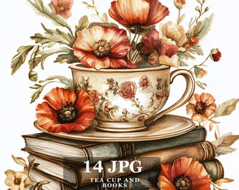Tea and Book Clipart: Vintage Watercolor Illustrations (Digital Download)