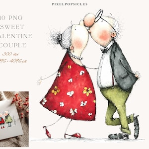 以下が含まれることがあります： 「10 PNG Sweet Valentine Couple」のテキストが入った、キスをしている老夫婦の水彩イラスト。女性は花と蝶のアクセントが付いた赤いドレスを着ています。隅にはカップルの小さなカードがあります。