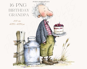 Puede incluir: Ilustración en acuarela de un abuelo sosteniendo un pastel. Viste una camisa a cuadros, pantalones verdes y una chaqueta gris. La imagen incluye el texto "16 PNG BIRTHDAY GRANDPA". Un cántaro de leche y un poste de cerca también están en la imagen.