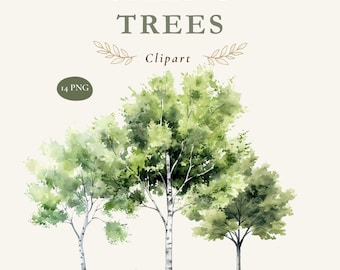 Clipart di alberi primaverili, 14 immagini PNG di alberi verdi ad acquerello