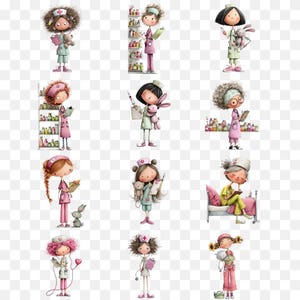 Puede incluir: Una colecci&oacute;n de ilustraciones en acuarela que representan enfermeras de dibujos animados en varias poses. Cada enfermera se representa con diferentes peinados, atuendos y accesorios, como portapapeles, jeringas y animales de peluche. La paleta de colores incluye rosas, verdes y azules suaves.
