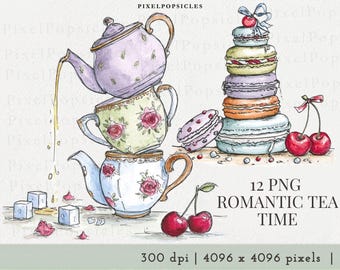 Romantic Tea Time Watercolor Illustrations - Dessert Picnic Bundle Digital Art Print Set