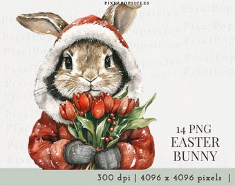 Watercolor Easter Bunny Clipart: 14 Pastel PNG Images