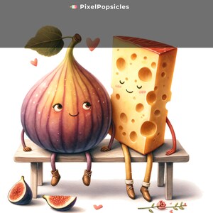 May include: A cartoon fig and a cartoon block of Swiss cheese are sitting on a wooden bench. The fig is purple and has a green leaf on top. The cheese is yellow and has holes in it. Both characters have smiling faces and are holding hands. There are pink hearts floating around them.