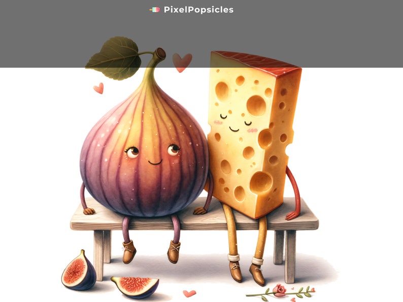 May include: A cartoon fig and a cartoon block of Swiss cheese are sitting on a wooden bench. The fig is purple and has a green leaf on top. The cheese is yellow and has holes in it. Both characters have smiling faces and are holding hands. There are pink hearts floating around them.