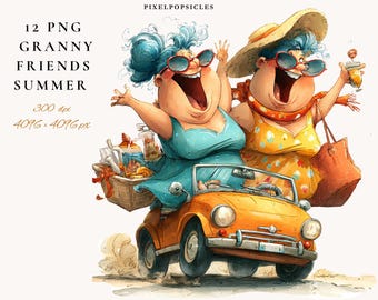 Puede incluir: Ilustración en acuarela de dos mujeres mayores en un coche naranja vintage, disfrutando de una salida de verano. Una mujer conduce, la otra sostiene una bebida. La imagen incluye el texto: "12 PNG Granny Friends Summer".