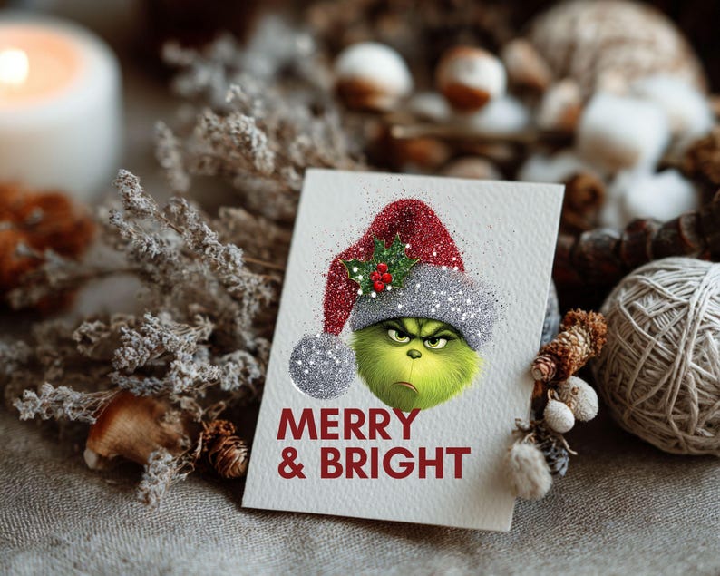 Peut inclure: Carte de v&oelig;ux de No&euml;l avec un personnage vert portant un chapeau rouge et argent&eacute; &agrave; paillettes. La carte porte l'inscription "MERRY & BRIGHT" en rouge. La carte est sur une surface neutre avec des d&eacute;corations festives.