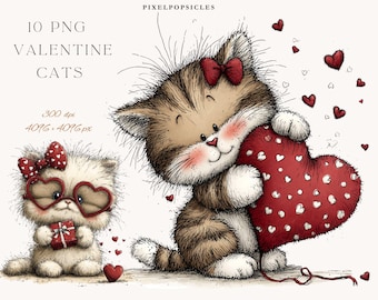 May include: Illustration of two cartoon cats with Valentine's Day themes. One cat wears heart-shaped glasses and holds a gift. The other cat embraces a large red heart. The image includes the text "10 PNG VALENTINE CATS".