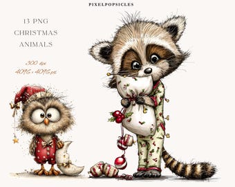 May include: Watercolor illustration of a raccoon in pajamas holding a gift bag and an owl wearing a Christmas hat and pajamas. The image includes the text "13 PNG Christmas Animals".