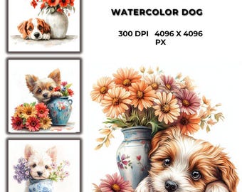 Puede incluir: Un conjunto de 12 ilustraciones de perros en acuarela. Cada imagen presenta una raza de perro diferente con flores en un jarrón. Las imágenes son de 300 DPI y 4096 x 4096 píxeles.