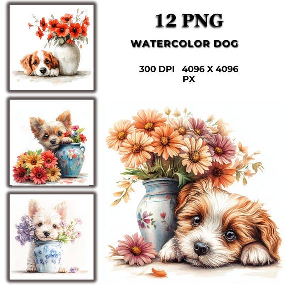 水彩画風犬と花のクリップアート：子犬と花のイラスト - Etsy 日本