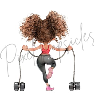 May include: A cartoon illustration of a person with brown curly hair wearing a red tank top and black leggings, holding two weights with ropes attached.