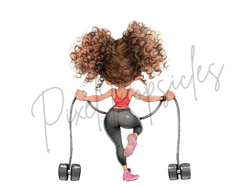 May include: A cartoon illustration of a person with brown curly hair wearing a red tank top and black leggings, holding two weights with ropes attached.
