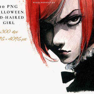 May include: Watercolor illustration of a red-haired girl with an intense expression. The image is a close-up of the girl's face, with her red hair framing her face. The image includes the text "10 PNG Halloween Red-Haired Girl".