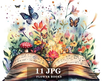 Vintage Book Clipart: Watercolor Flowers & Butterflies (Digital Download)