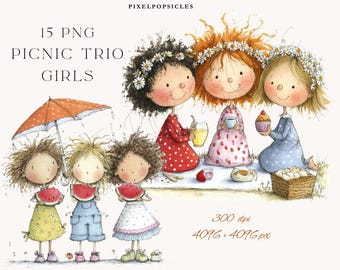Picnic trio girls Clipart: Floral Girls, Joyful Art (15 PNG Digital Download)