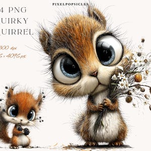 May include: Digital illustration of two cartoon squirrels with large blue eyes. One squirrel holds a bouquet of white flowers. The image includes the text "14 PNG Quirky Squirrel" and resolution details.