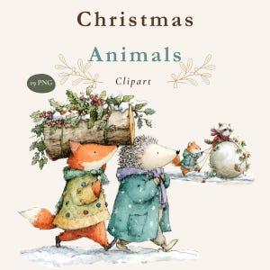 Może przedstawiać: Zestaw ilustracji cyfrowych zatytułowany Christmas Animals Clipart zawierający 19 plików PNG. Grafika przedstawia lisa i jeża niosących kłodę z ostrokrzewem oraz małego gryzonia i szopa pracza bawiących się dużą śnieżną kulą na śniegu.