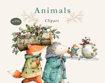 May include: A digital illustration set titled Christmas Animals Clipart featuring 19 PNG files. The artwork depicts a fox and a hedgehog carrying a log with holly, alongside a small rodent and a raccoon playing with a large snowball in snow.