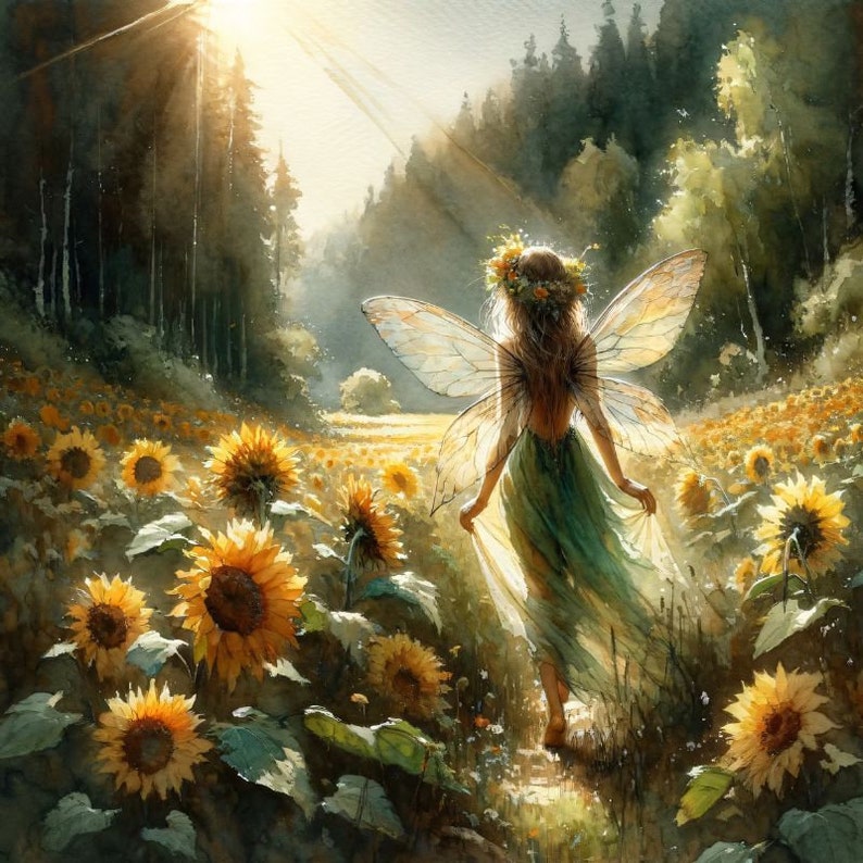 May include: A fairy with gossamer wings and a flower crown stands in a field of sunflowers. The fairy is wearing a flowing green dress and has long, flowing hair. The sunflowers are in full bloom and the sun is shining brightly.