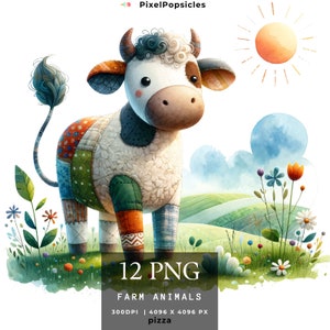 May include: A patchwork cow with a white and brown face stands in a field of green grass and wildflowers. The cow is looking to the right of the image. The background is a watercolor painting of a blue sky with white clouds and a yellow sun.
