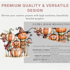 May include: A digital graphic set featuring illustrated pumpkin characters with smiling faces, wearing hats and scarves. The image includes text: PREMIUM QUALITY & VERSATILE DESIGN, ULTRA HIGH-RESOLUTION, EFFORTLESS LAYERING, VIBRANT & DETAILED, READY TO CREATE.
