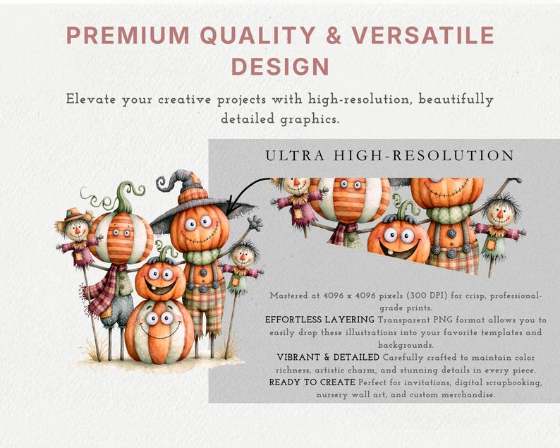 May include: A digital graphic set featuring illustrated pumpkin characters with smiling faces, wearing hats and scarves. The image includes text: PREMIUM QUALITY & VERSATILE DESIGN, ULTRA HIGH-RESOLUTION, EFFORTLESS LAYERING, VIBRANT & DETAILED, READY TO CREATE.