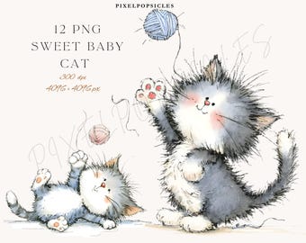 12 Watercolor Sweet Kittens Clipart Bundle, Baby Animal PNG Images (Digital Download)
