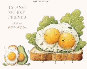 Quirky Food Friends Watercolor Clipart – Valentine's Day PNG (4096x4096px