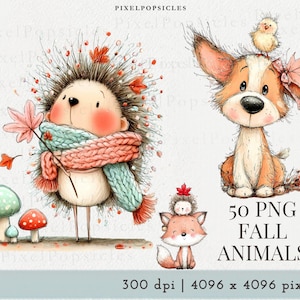 May include: A digital illustration set featuring a hedgehog in a scarf, a puppy with a chick, and a fox with a small hedgehog, accompanied by mushrooms and autumn leaves. Text includes PIXELPOPSICLES, 50 PNG FALL ANIMALS, and 300 dpi 4096 x 4096 pixels.