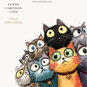 Puede incluir: Una ilustración caprichosa de varios gatos de dibujos animados con ojos grandes y expresivos. Los gatos son de varios colores, incluyendo negro, naranja, azul y gris. Cada gato lleva un collar rojo con una campana. El texto en la parte superior dice "FUNNY CARTOON CATS".